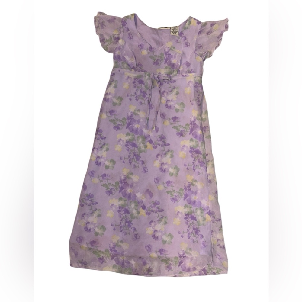 Vintage Y2K Lavender Floral Chiffon Dress Girls 4/5 Flutter Sleeve Spring Dress